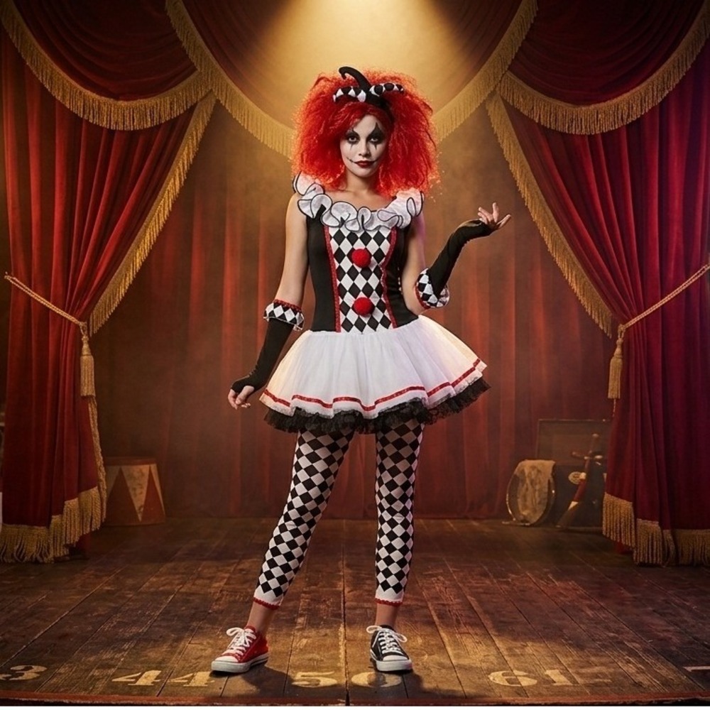 Harlequin Honey Clown Costume Women Set Black White Red 5 Piece Junior Large